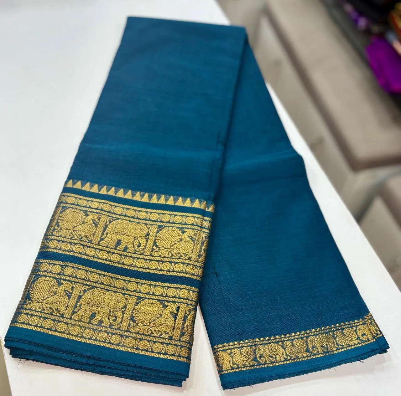 kanchi cotton saree with Running Blouse - Kanchi cotton -Peacock blue