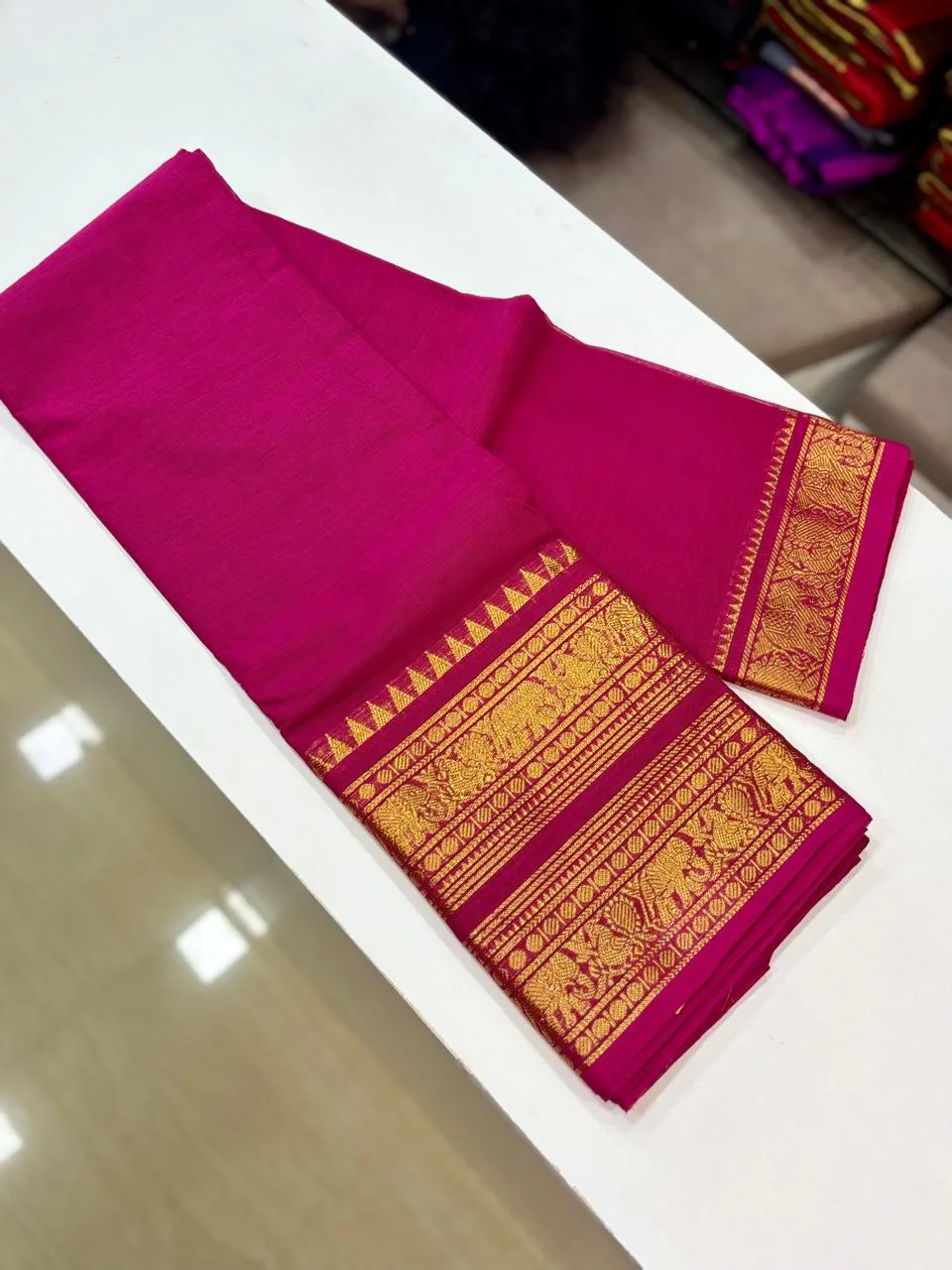 kanchi cotton saree with Running Blouse - Kanchi cotton -Rani Pink(Self)