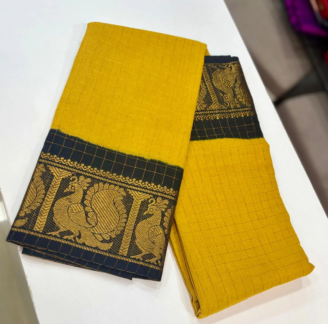 Madurai sungudi Cotton Zari Check Contrast - Mustard Yellow with black(Running Blouse)