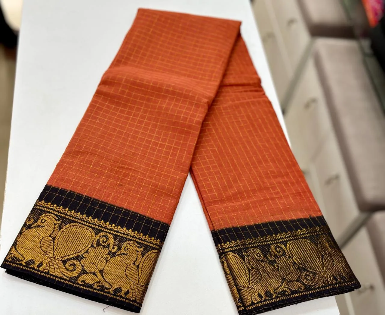 Madurai sungudi Cotton Zari Check Contrast - Orange with black(Running Blouse)