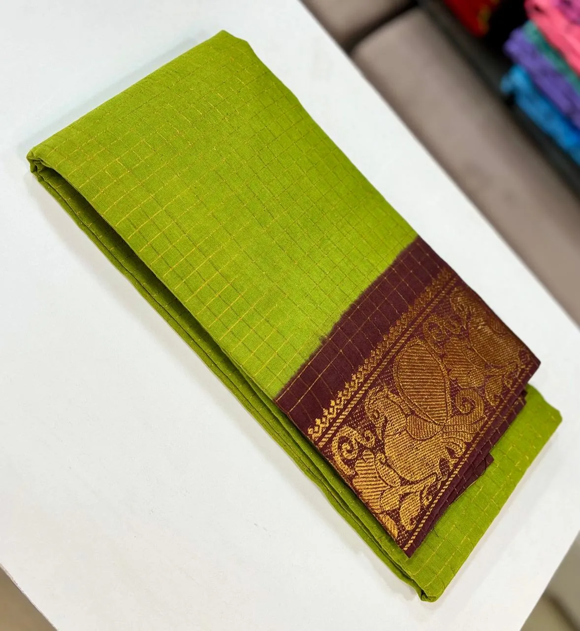 Madurai sungudi Cotton Zari Check Contrast - Mehandi green with Maroon(Running Blouse)