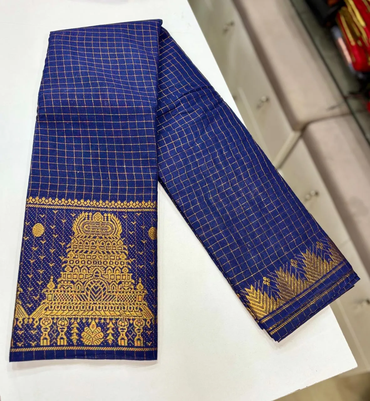 Madurai sungudi cotton Zari Check self Gold - Navy blue(Gopuram Border)