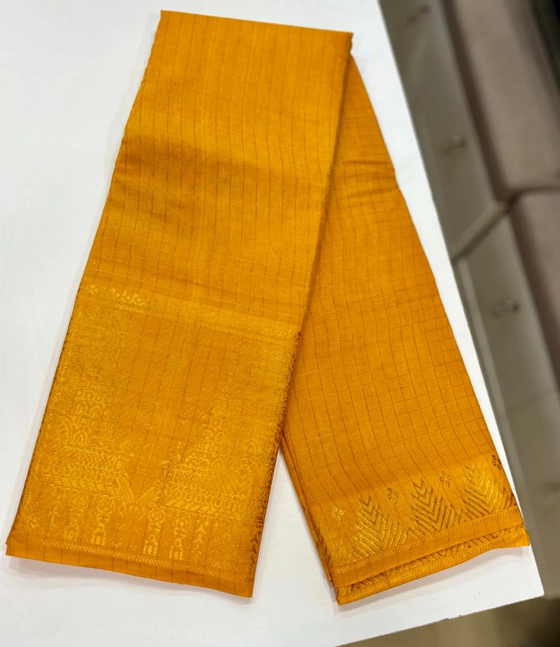 Madurai sungudi cotton Zari Check self Gold - Yellow(Gopuram Border)