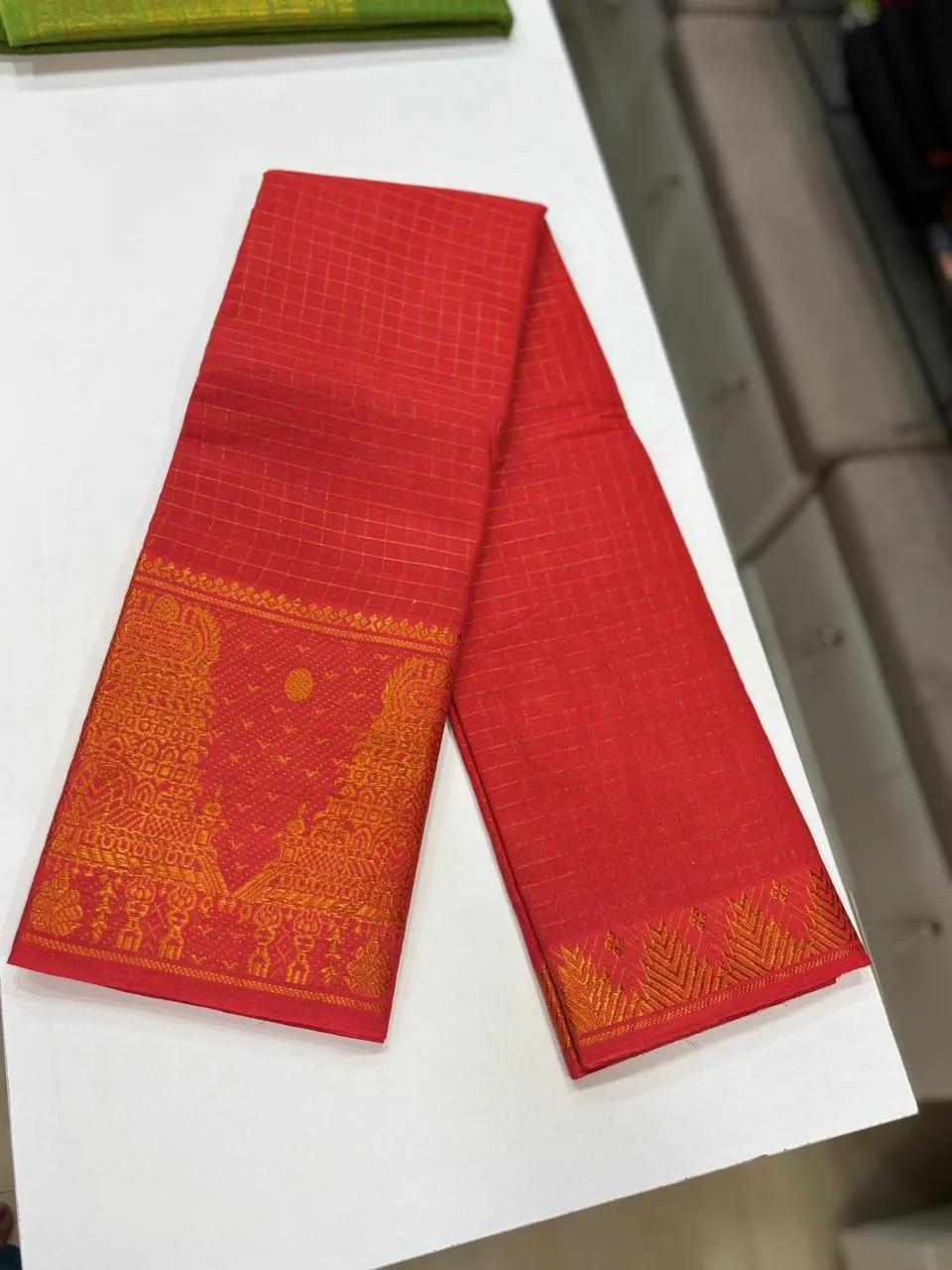 Madurai sungudi cotton Zari Check self Gold - Orange(Gopuram Border)
