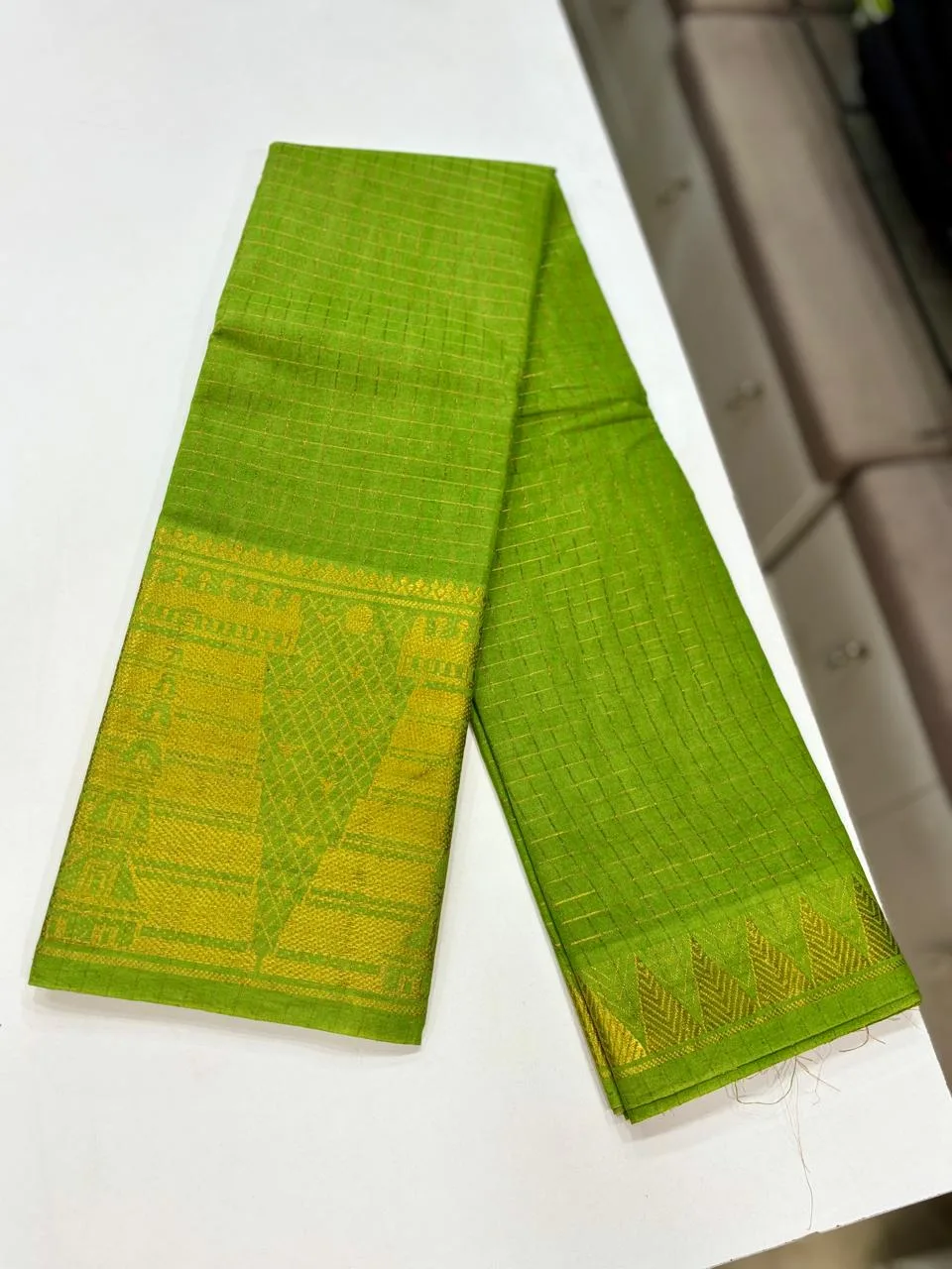 Madurai sungudi cotton Zari Check self Gold - Parrot Green(Gopuram Border)